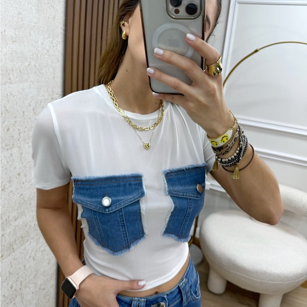 White and Blue Denim Pocket Top. Julia by love J